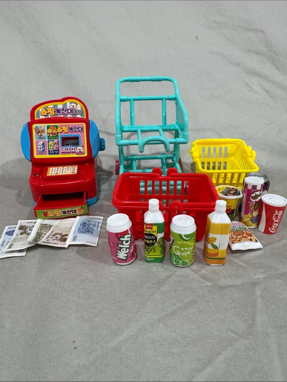 Kids Pretend Play Kitchen and Shopping Set with Pink and Teal Accessories